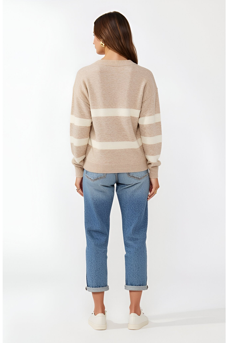 Striped V-Neck Drop-Shoulder Ribbed-Trim Sweater, Alternate, color, Beige / Cream