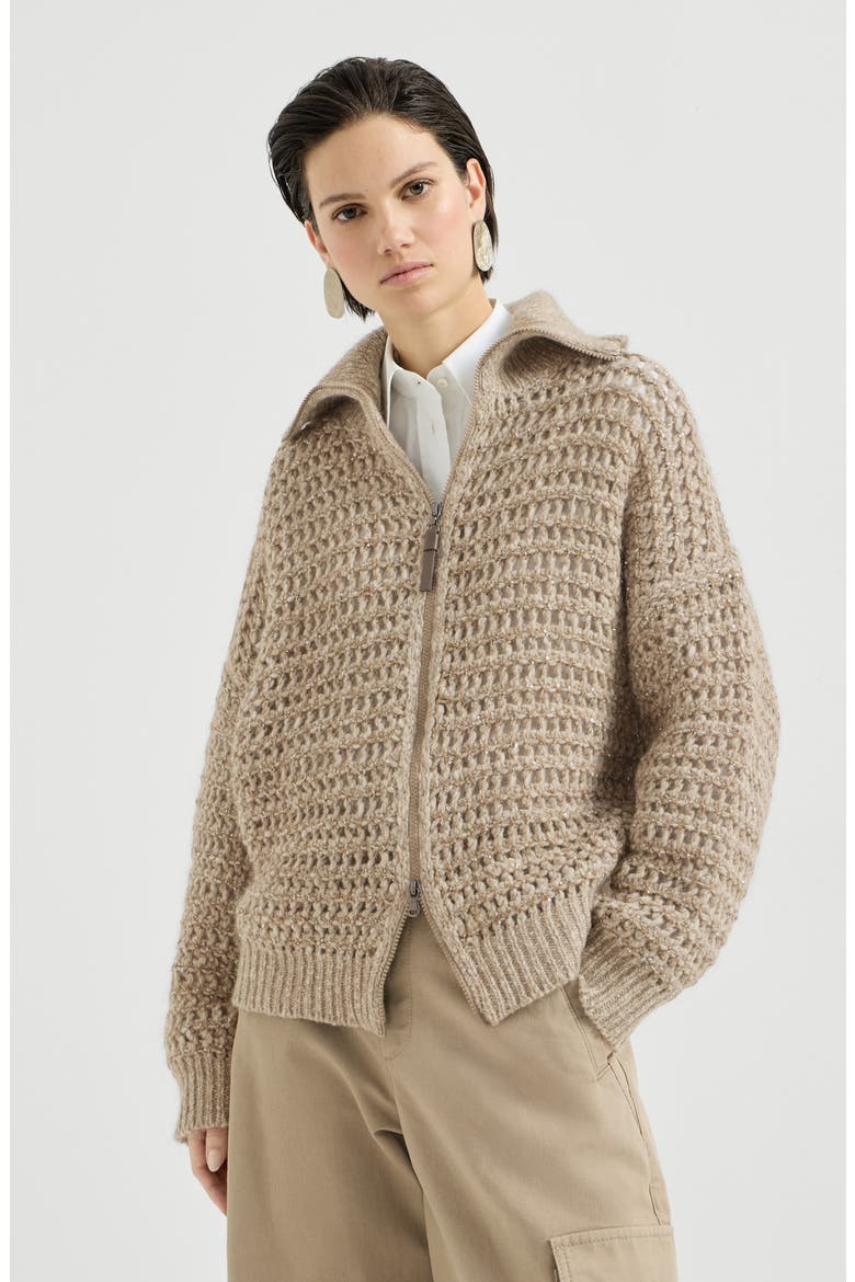 Dazzling soft virgin wool and cashmere net cardigan, Main, color, Light Brown