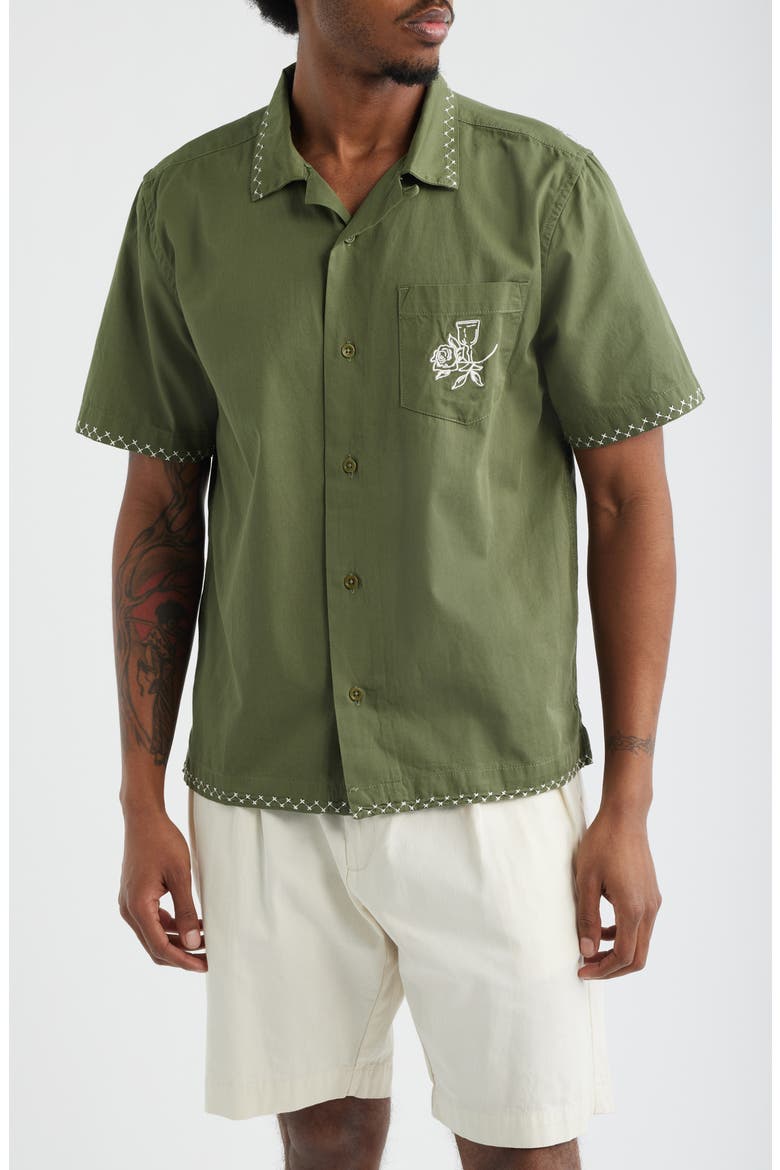 Border Embroidered Short Sleeve Button-Up Shirt, Main, color, OLIVE