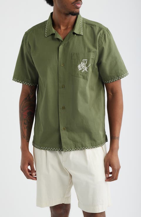 Border Embroidered Short Sleeve Button-Up Shirt