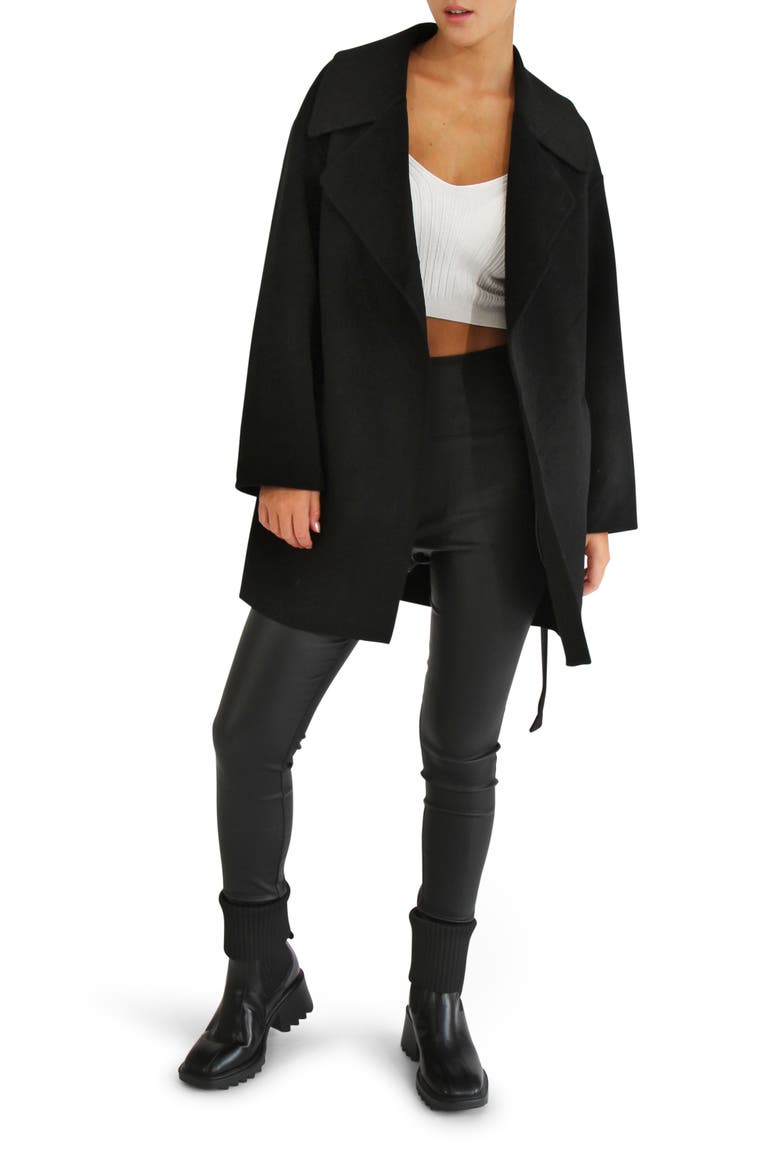 Eternal Flame Tie Waist Wool Blend Coat, Alternate, color, BLACK