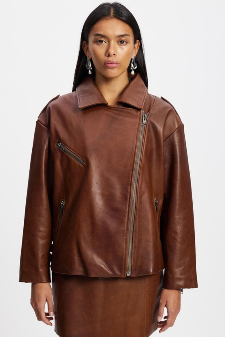 New Yorker Oversized Leather Moto Jacket, Alternate, color, Vintage Chocolate