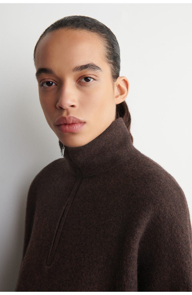 COS Boiled Merino Wool Zip-up Jumper, Alternate, color, Brown Mélange