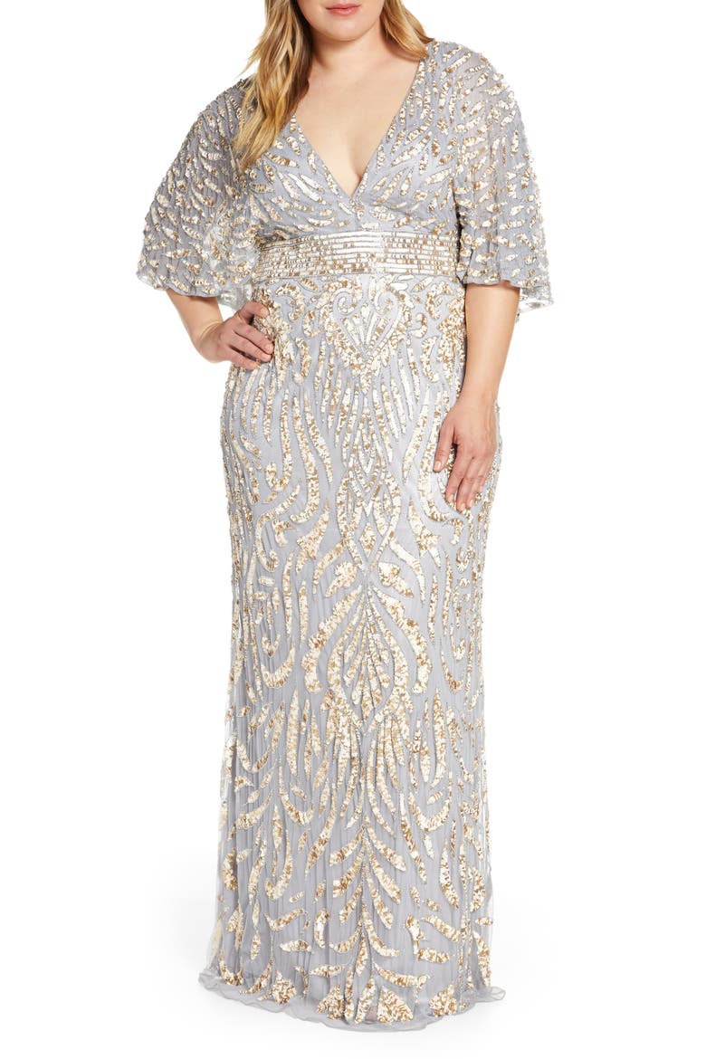 Sequin Cape Sleeve Mesh Evening Gown, Main, color, PLATINUM GOLD