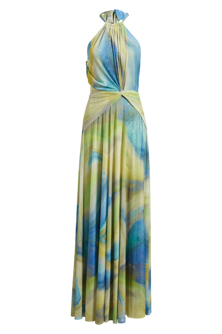 Neriah Abstract Print Halter Neck Mesh Gown, Alternate, color, BRILLIANT CITRINE