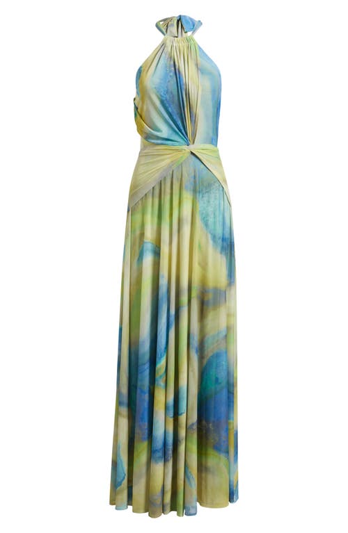 Black Halo Neriah Abstract Print Halter Neck Mesh Gown In Multi