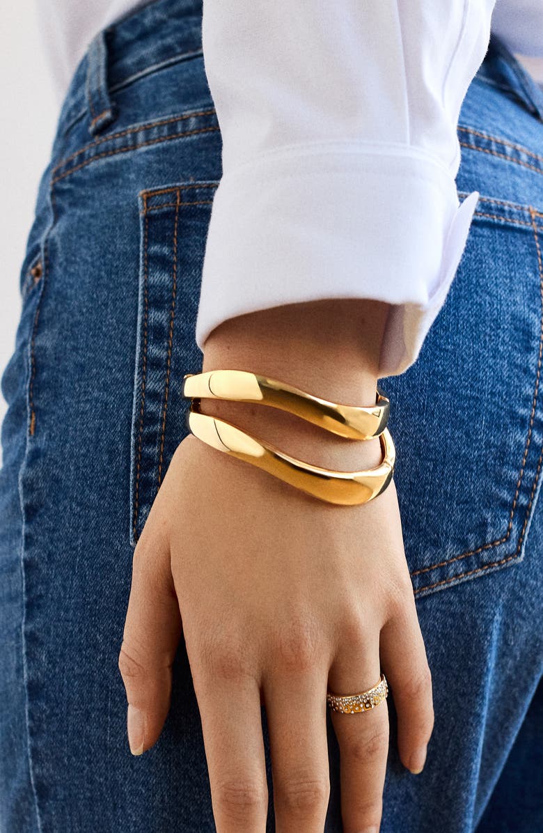 BaubleBar Tiana Set of 2 Wavy Bangle Bracelets, Alternate, color, Gold