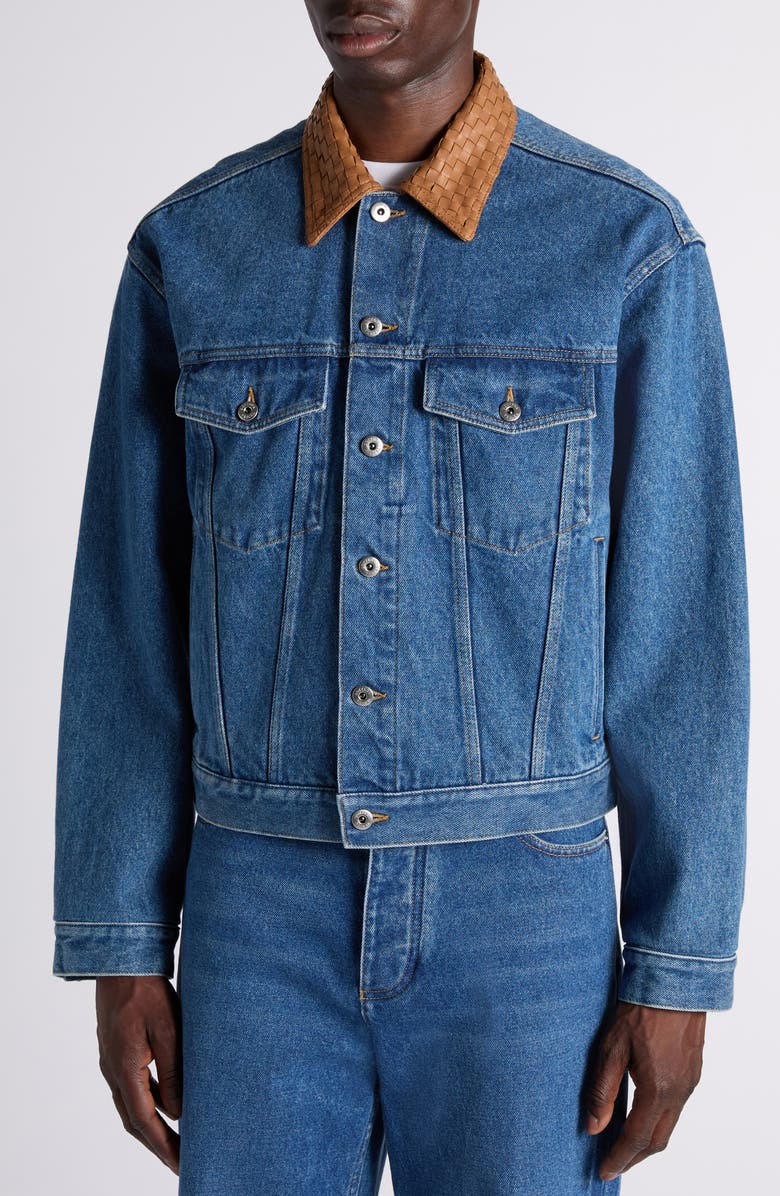 Bottega Veneta Intrecciato Collar Denim Jacket, Alternate, color, 4300 Mid Blue