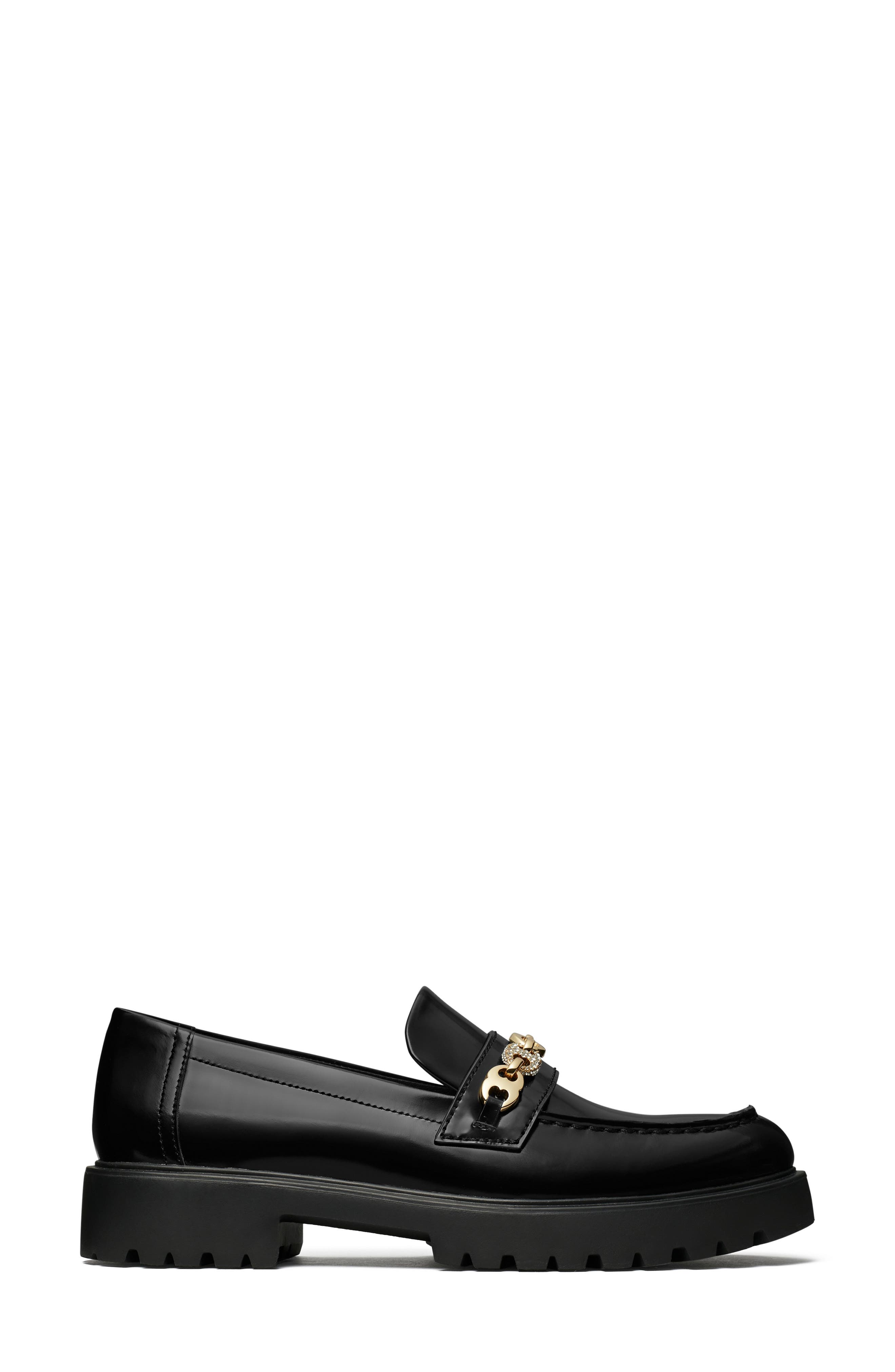 Tory Burch Gemini Embellished Lug Sole Loafer, Alternate, color, Perfect Black / Gold