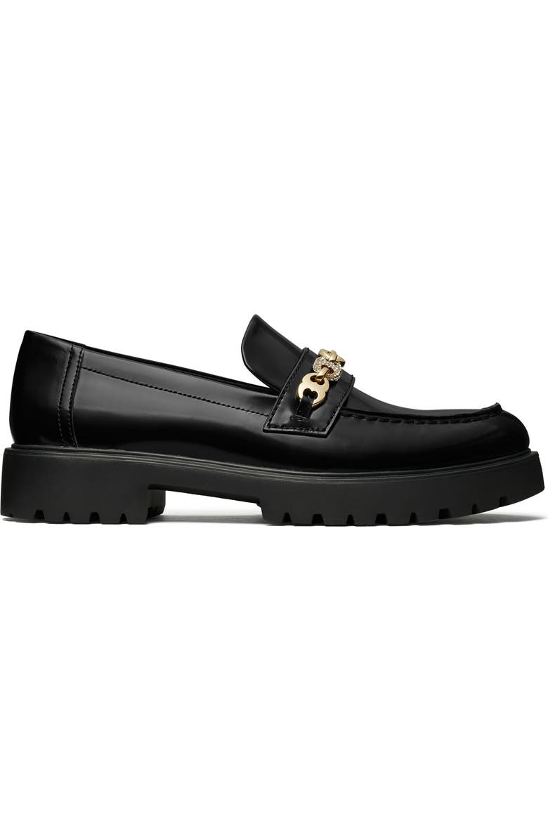 Tory Burch Gemini Embellished Lug Sole Loafer, Alternate, color, Perfect Black / Gold