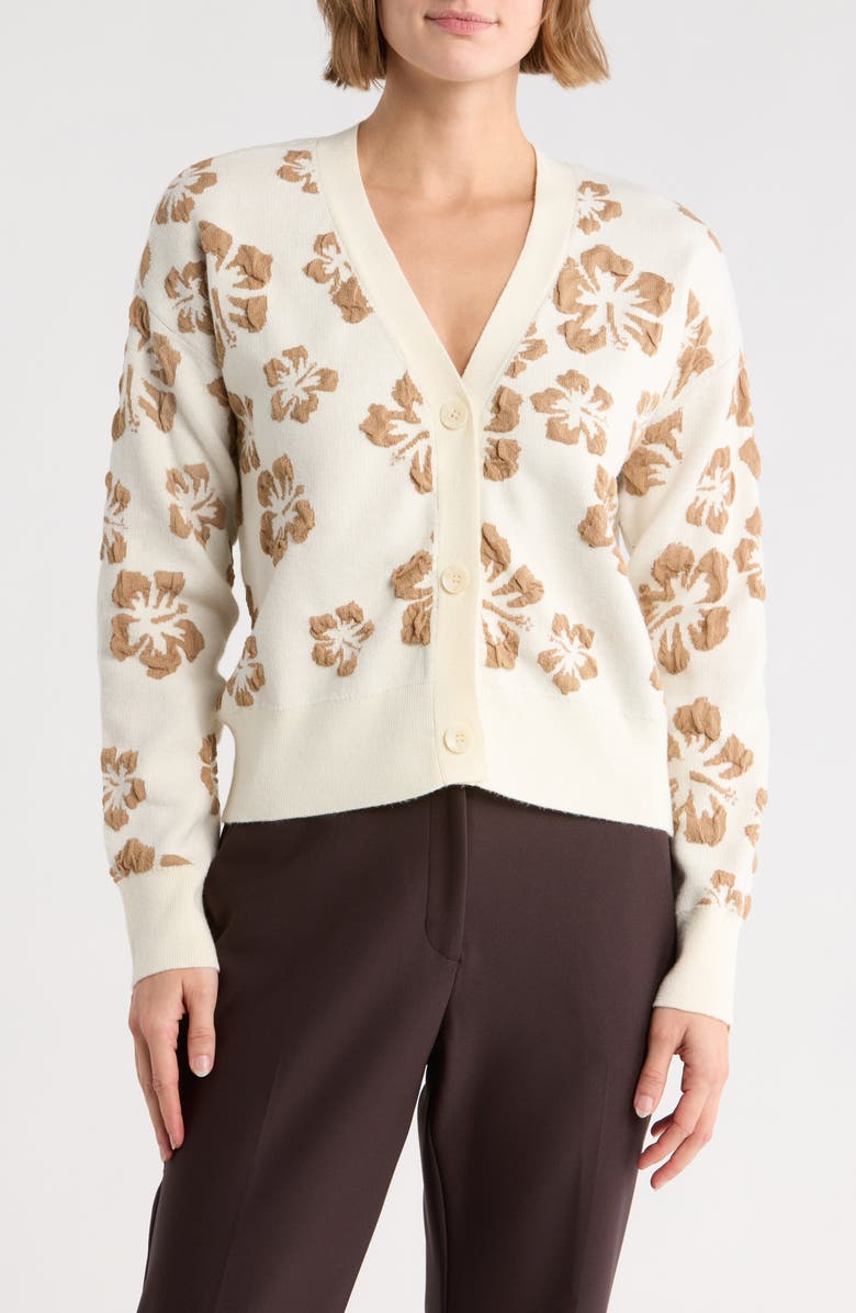 CYRUS Textured Floral V-Neck Cardigan, Main, color, Toffee/ Cream