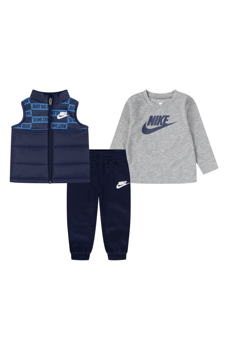 Nike Sportswear JDI Puffer Vest, Logo T-Shirt & Fleece Joggers Set, Main, color, Midnight Navy