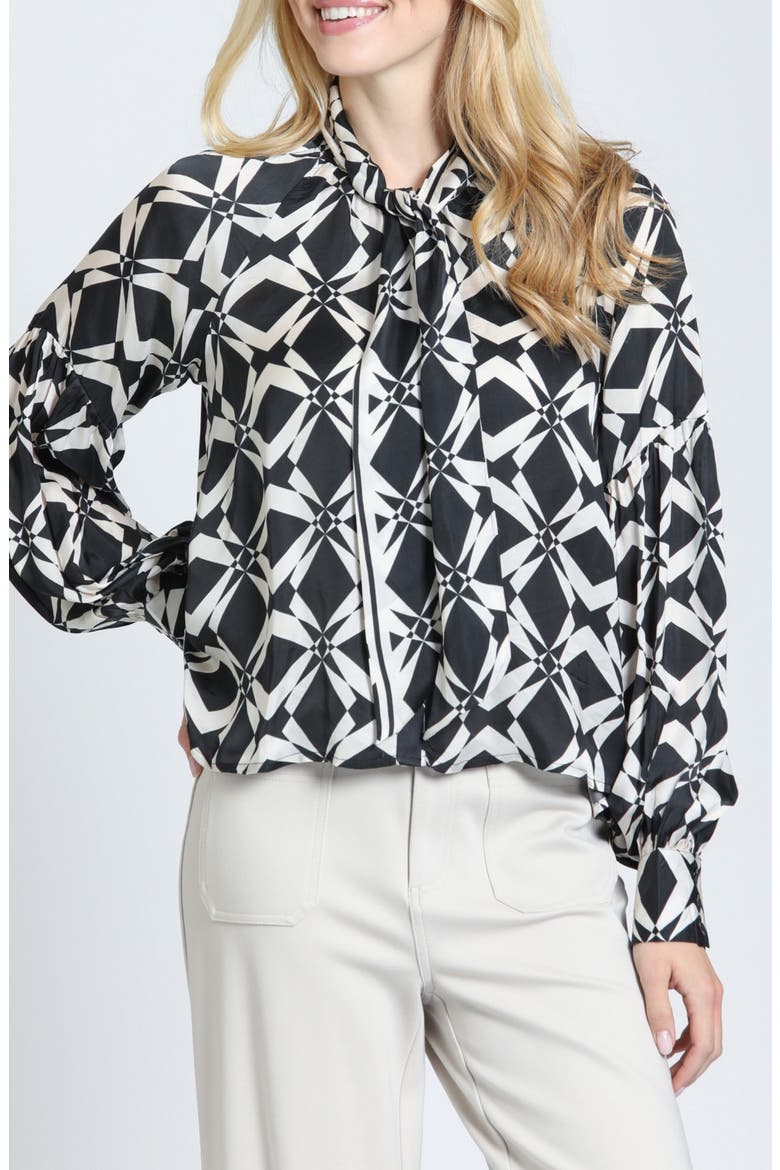Tie Neck Balloon Sleeve Top, Main, color, MIDNIGHT/IVORY