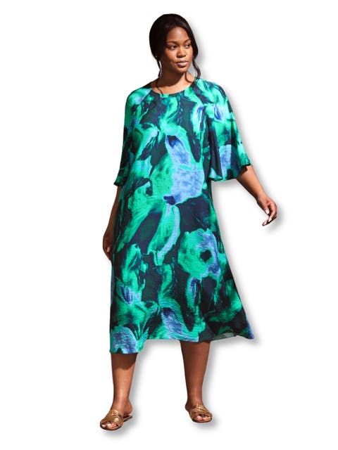 Green Abstract Print Flutter Sleeve Midi Dress