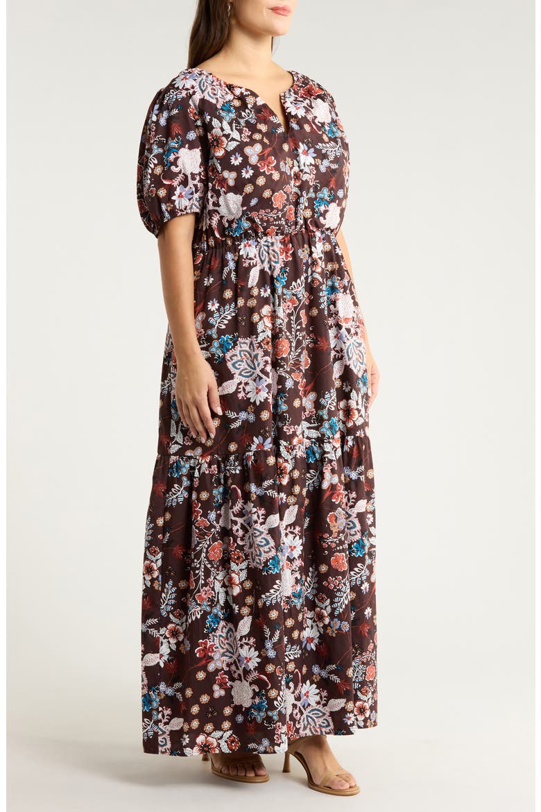 Journee Floral Print Puff Sleeve Maxi Dress, Alternate, color, BROWN