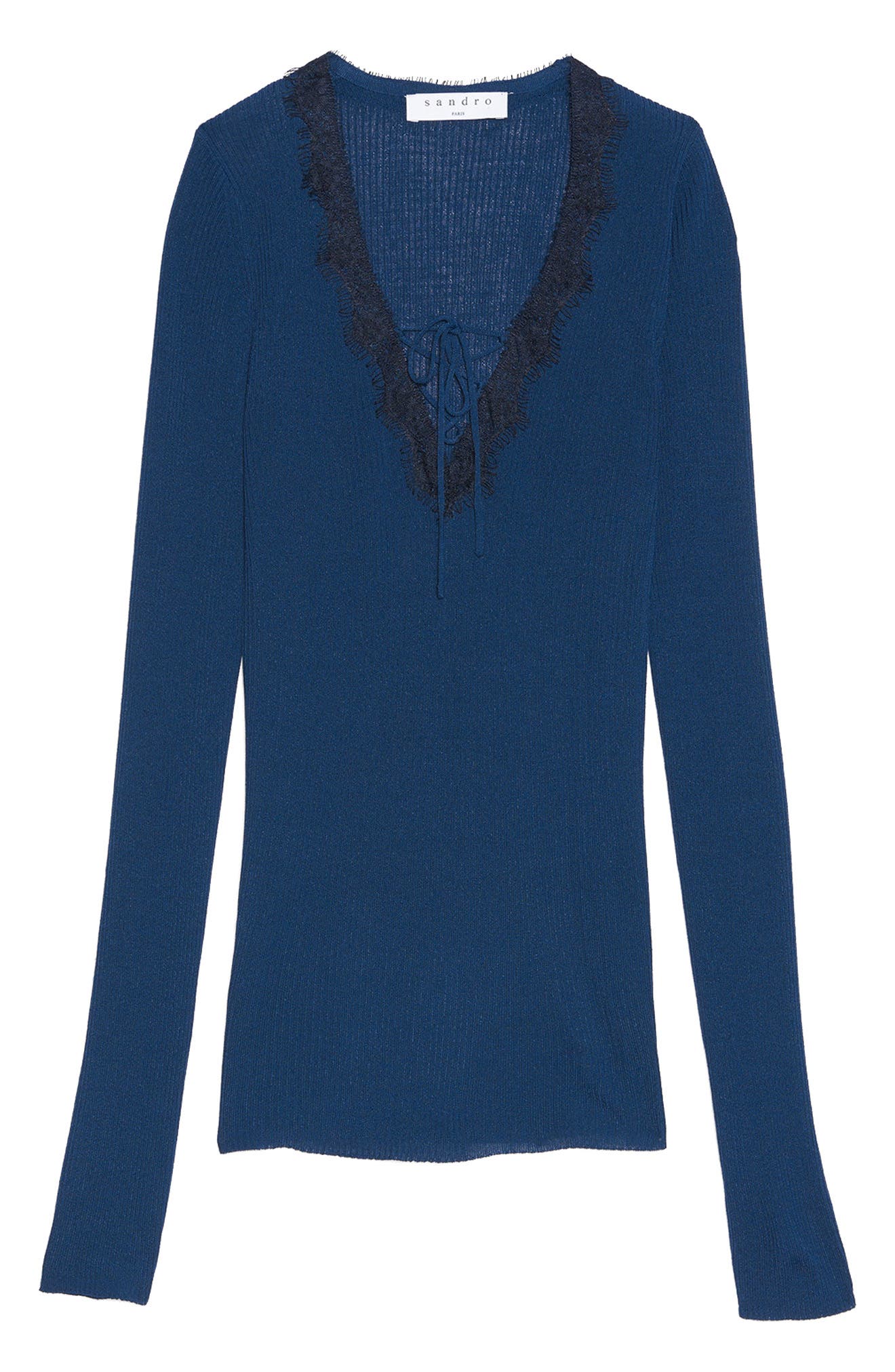 SANDRO Fathy Lace Trim V-Neck Sweater