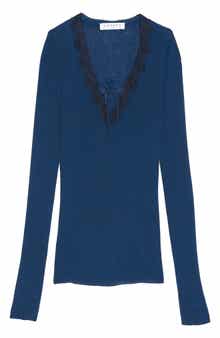 SANDRO Fathy Lace Trim V-Neck Sweater