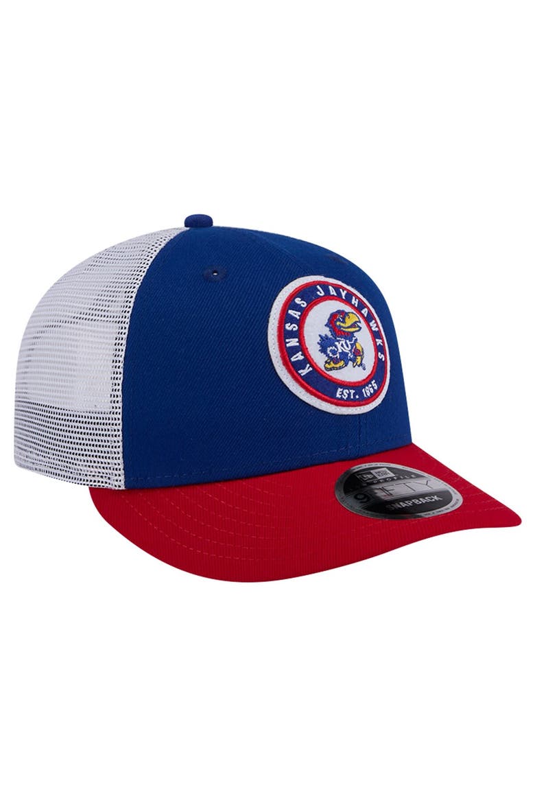 Men's New Era Royal Kansas Jayhawks Throwback Circle Patch 9FIFTY Trucker Snapback Hat, Alternate, color, Royal