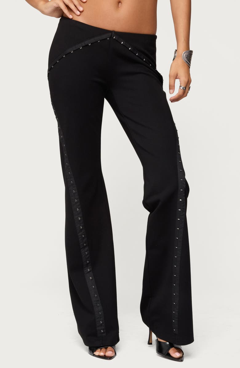 EDIKTED Hook & Eye Low Rise Bootcut Pants, Main, color, Black
