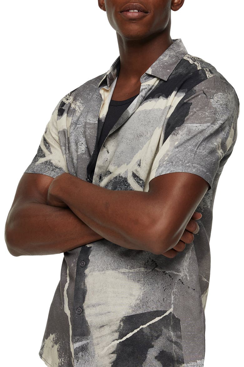 Concrete Print Short Sleeve Button-Up Shirt, Alternate, color, GREY