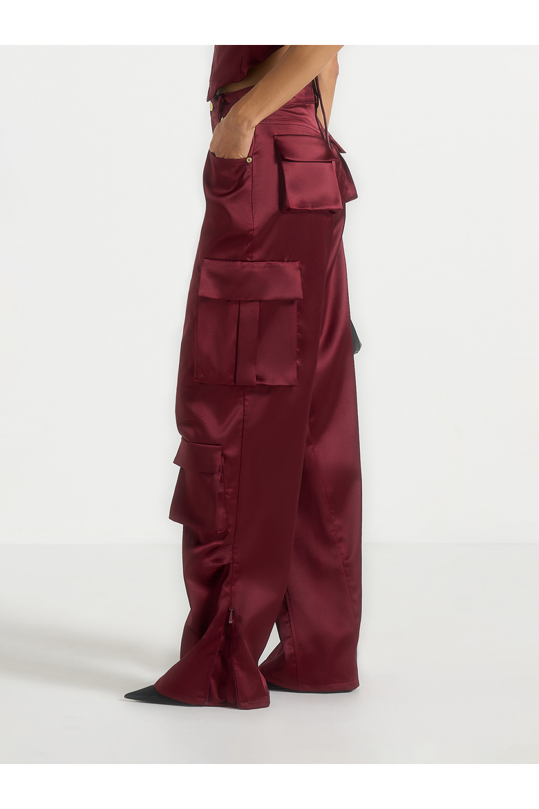 Emilie High Rise Satin Cargo Trousers, Alternate, color, Wine Red