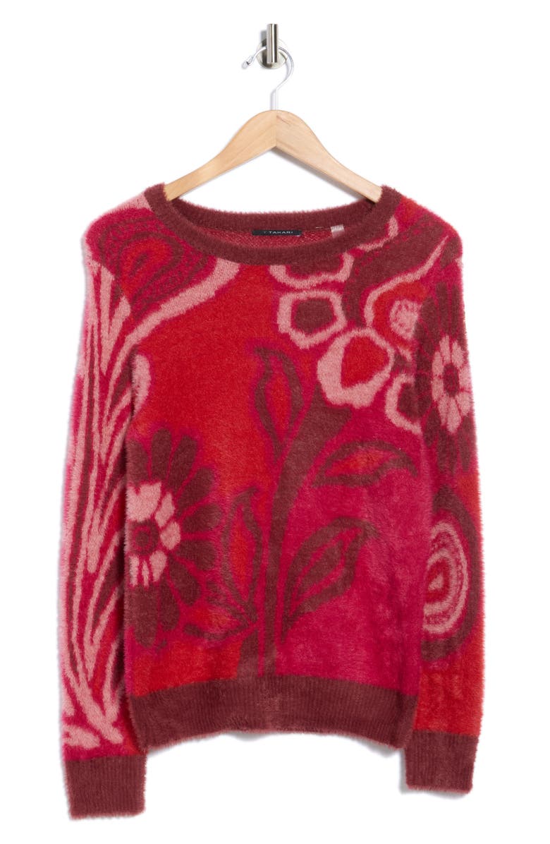 T Tahari Bateau Neck Jacquard Sweater, Alternate, color, Red Floral Jacquard