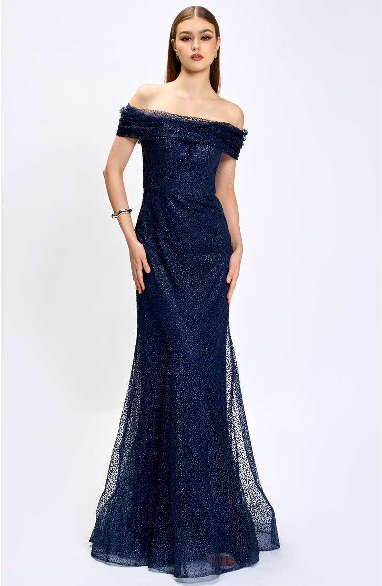 Bariano Alianna Off Shoulder Glitter Gown, Alternate, color, 