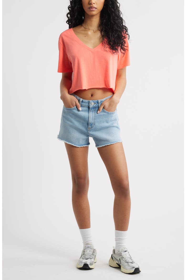 Washed V-Neck Crop T-Shirt, Alternate, color, CORAL NEON