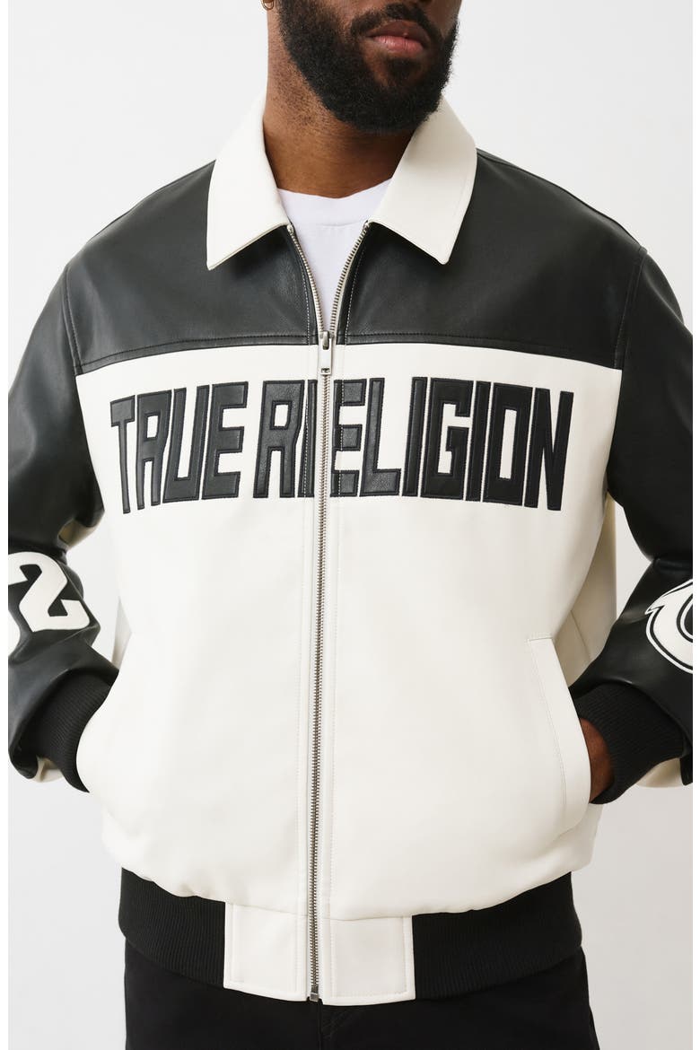 Faux Leather Racing Jacket, Alternate, color, JET BLACK / WINTER WHITE