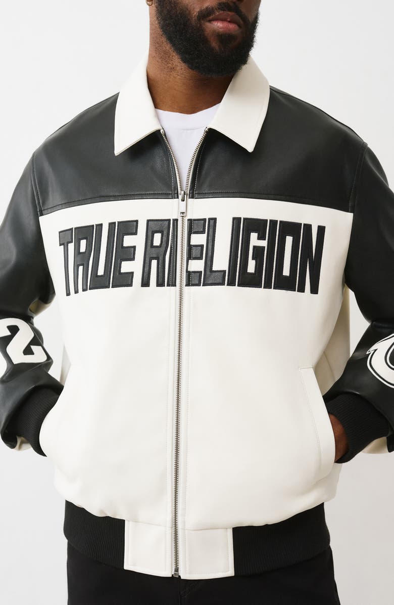 True Religion Faux Leather Racing Jacket, Alternate, color, Jet Black / Winter White
