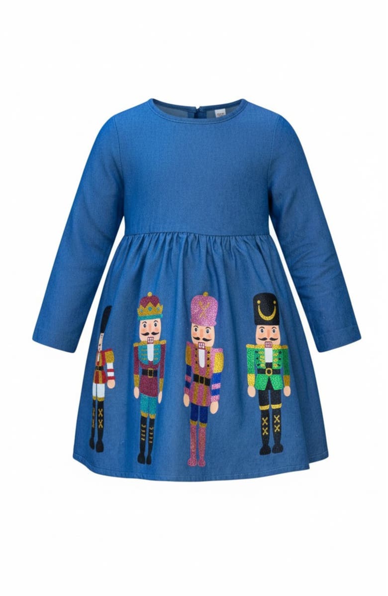 Mia Belle Girls Enchanting Nutcracker Glitter Chambray Dress, Main, color, Blue