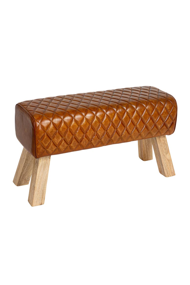 Stitched Leather and Wood Bench, Camel and Natural, Main, color, Brown
