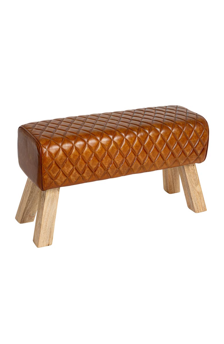Storied Home Stitched Leather and Wood Bench, Camel and Natural, Main, color, Brown