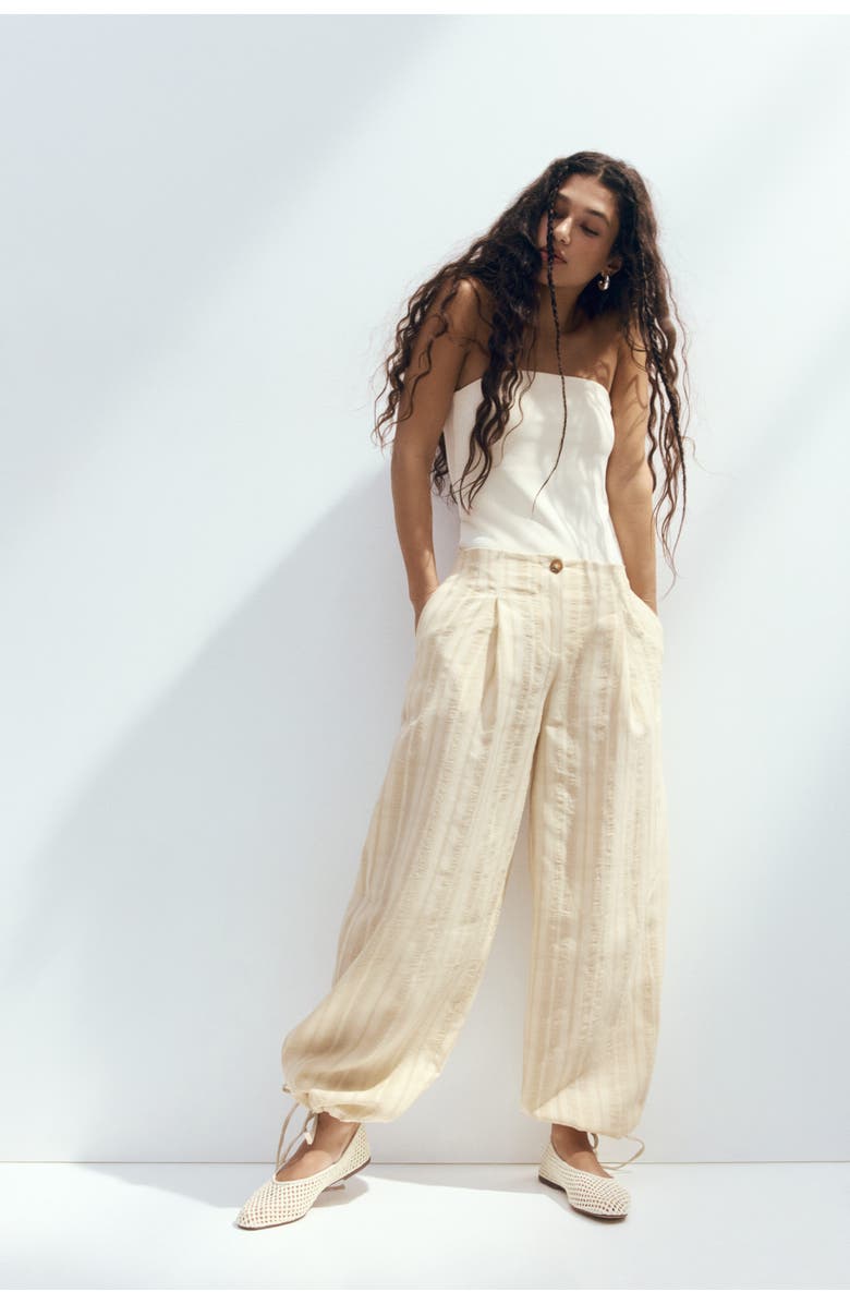 H&M Drawstring-detail Balloon Trousers, Alternate, color, Light Beige/Striped