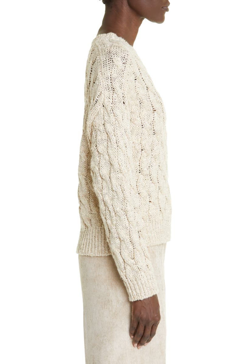 Brunello Cucinelli Sequin Cable Knit Silk & Linen Blend Sweater, Alternate, color,