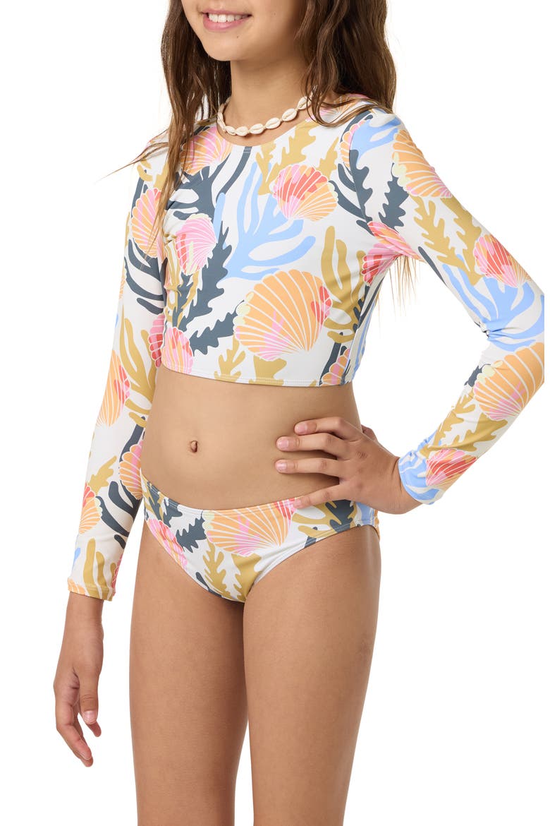Kids' Cora Geo Long Sleeve Crop Two-Piece Rashguard Swimsuit, Alternate, color, OFF WHITE MULTI COLORED