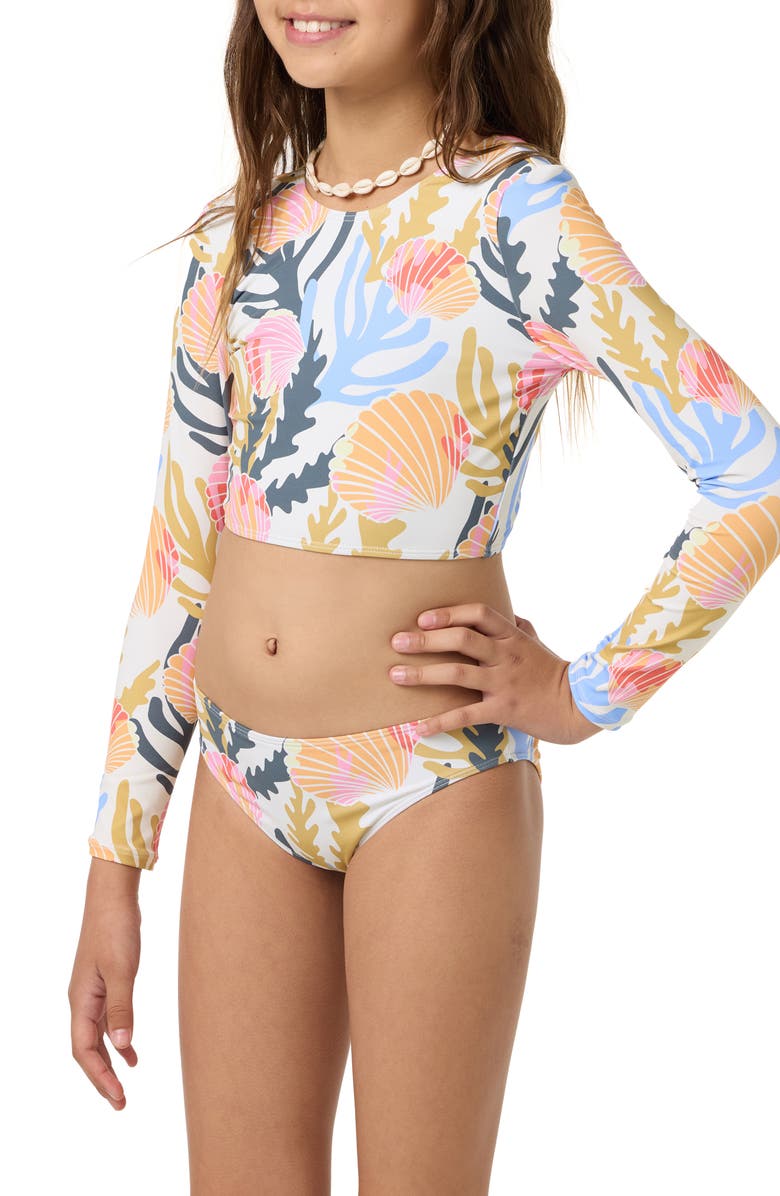 O'Neill Kids' Cora Geo Long Sleeve Crop Two-Piece Rashguard Swimsuit, Alternate, color, 