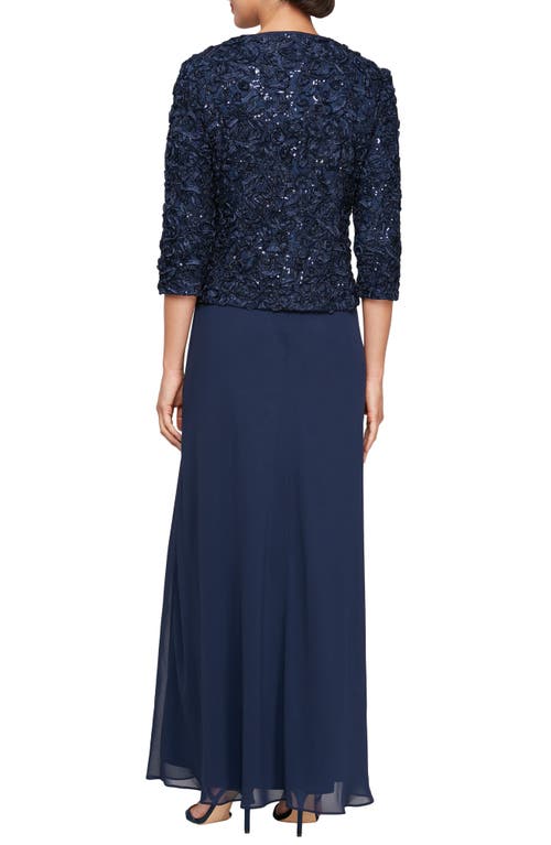 Alex Evenings Sequin Soutache Lace Empire Waist Chiffon Gown With Jacket In Blue