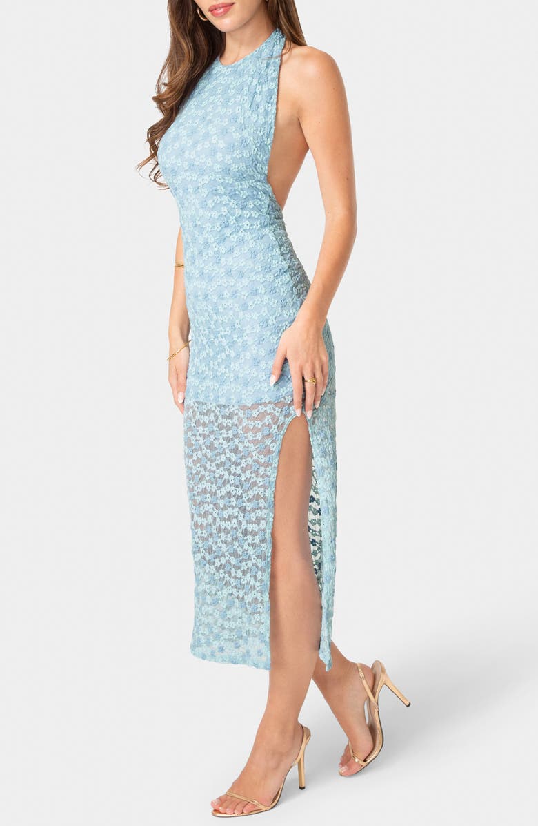 bebe Daisy Lace Body-Con Halter Dress, Alternate, color, Blue