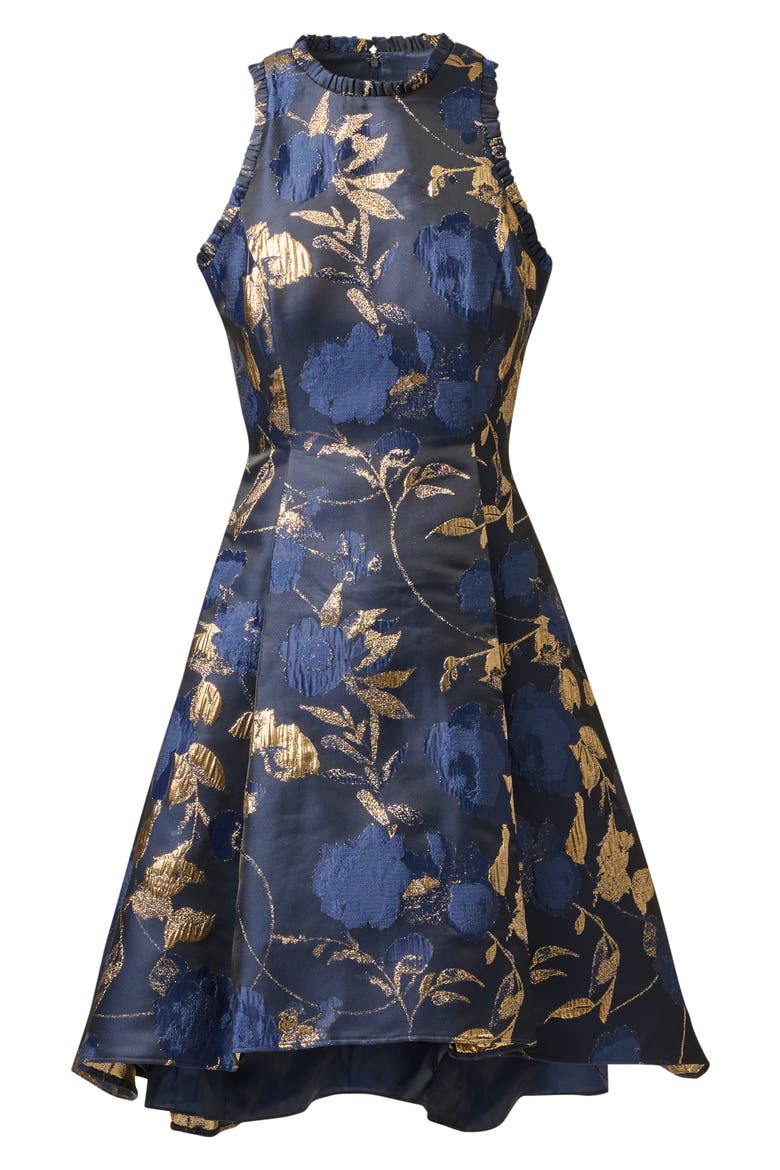 Jacquard Ruffle Sleeveless Cocktail Dress, Alternate, color, NAVY/ GOLD