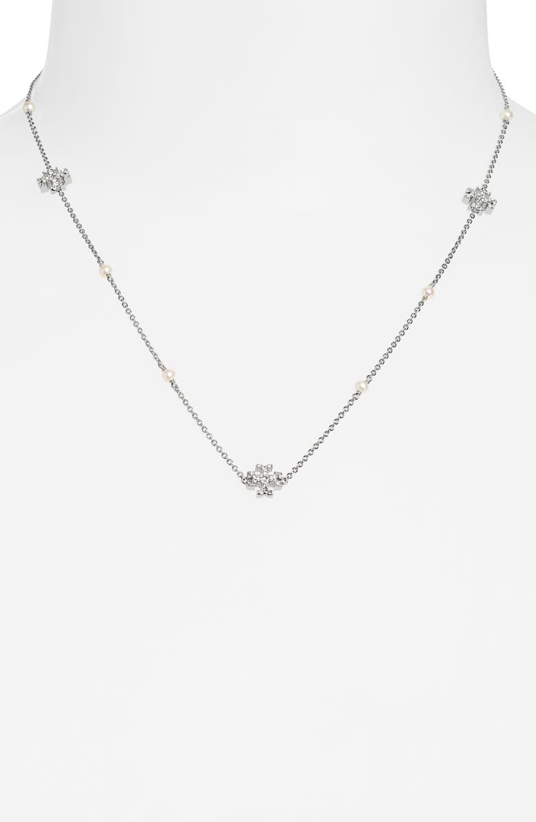 Tory Burch Delicate Kira Cultured Pearl Station Necklace, Alternate, color, Tory Silver / Crystal / Pearl