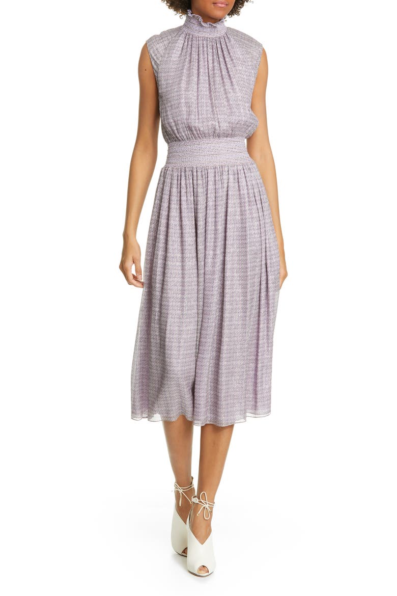 Smocked Metallic Silk Chiffon Midi Dress, Main, color, LAVENDER MULTI
