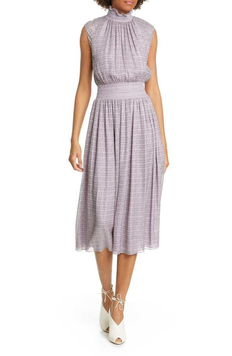 Adam Lippes Smocked Metallic Silk Chiffon Midi Dress, Main, color,