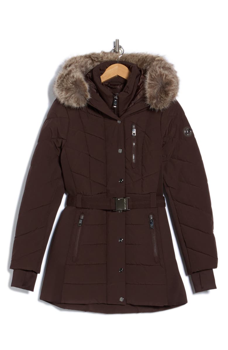 Michael Kors Faux Fur Trim Belted Puffer Jacket, Alternate, color, Chocolate