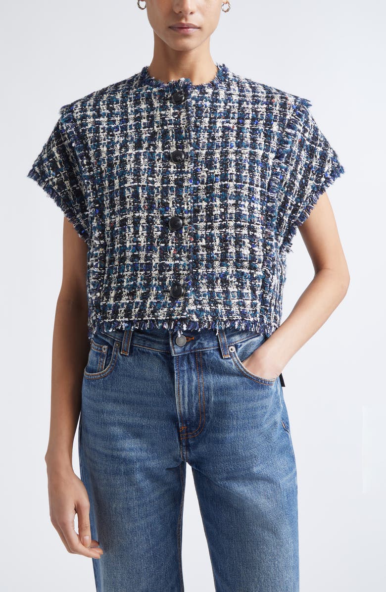 ST. JOHN Fringe Cap Sleeve Multicolor Check Tweed Jacket, Main, color, Tourmaline Multi