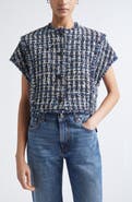 ST. JOHN Fringe Cap Sleeve Multicolor Check Tweed Jacket