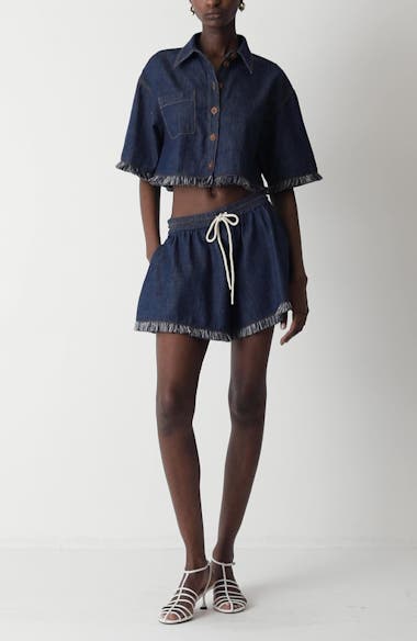 Zimmermann Rhiannon Drawstring Waist Fringe Hem Denim Shorts