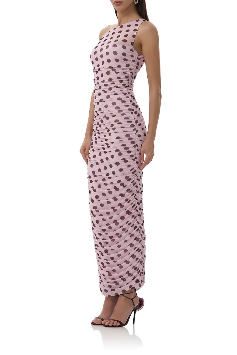 Biona Printed One-Shoulder Ruched Mesh Maxi Dress, Alternate, color, ROSE DOT
