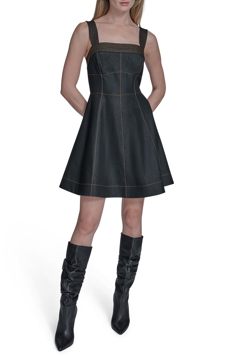 BCBG Stitched Denim Minidress, Main, color, Black