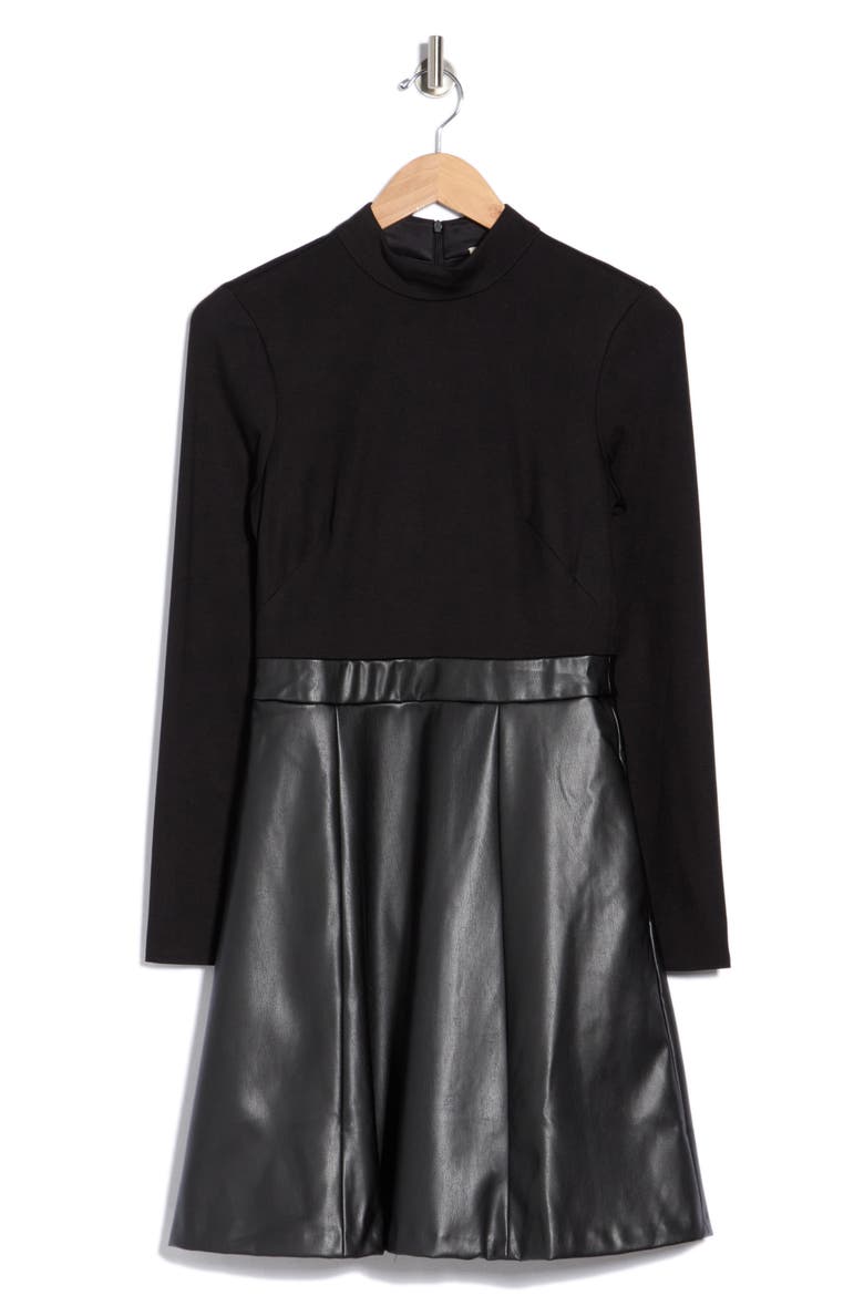 Long Sleeve Mixed Media Dress, Main, color, BLACK